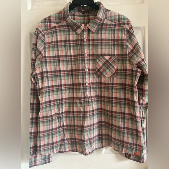 Women’s size large, 1/4 button, long sleeve, collared Prana plaid shirt - Picture 1 of 4